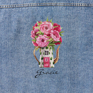 Charming Pink Roses Fairytale Teapot Cottage Denim Jacket