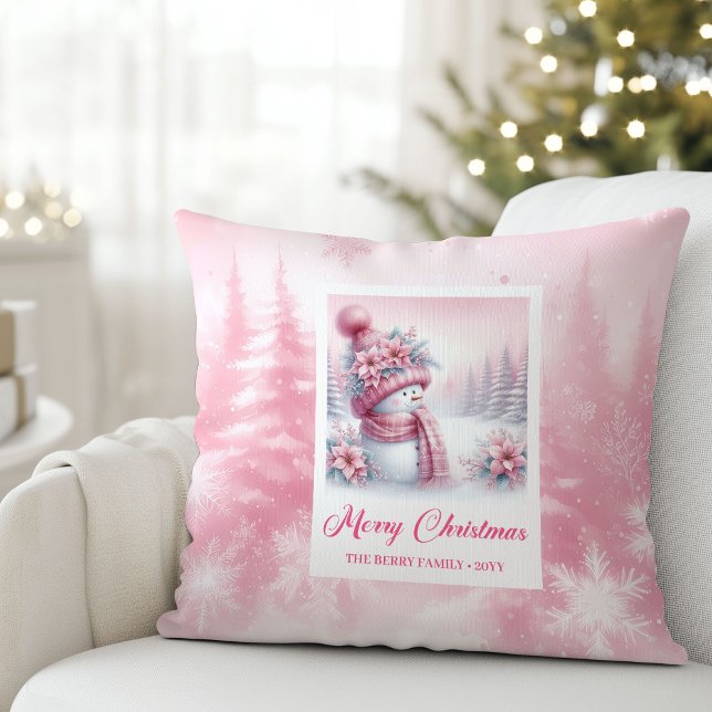 Charming Pink Snowman Christmas Scene Pillow Gift (Charming Pink Snowman Christmas Scene Pillow Gift)