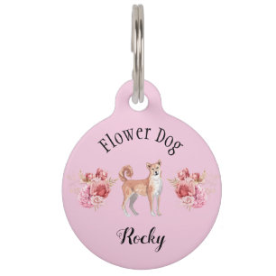 Charming Pink Wedding Flower Dog Shibu Inu Pet Tag