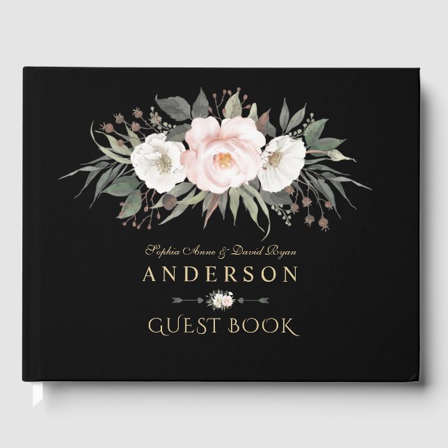 Charming Pink White Flowers Monogram Wedding  Guest Book (Front)
