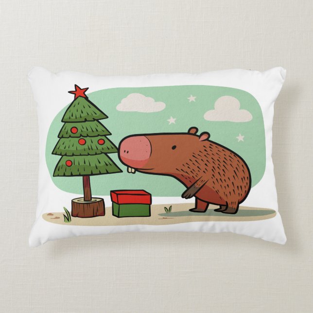 Charming Playful Christmas Capybara Drawing Accent Pillow (Front)