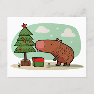 Charming Playful Christmas Capybara Drawing Postcard