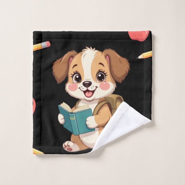Charming puppy reading, school bag pattern  bath towel set (Wash Cloth)