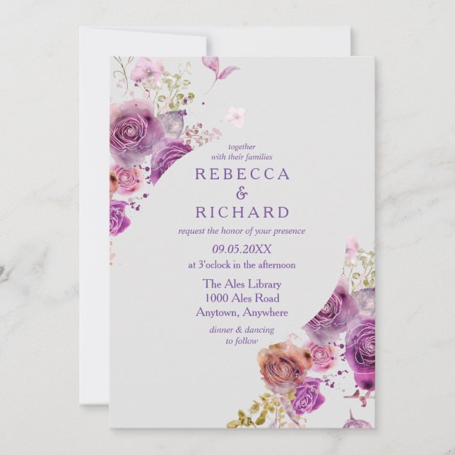 Charming Purple Floral Elegance Wedding Invitation (Front)