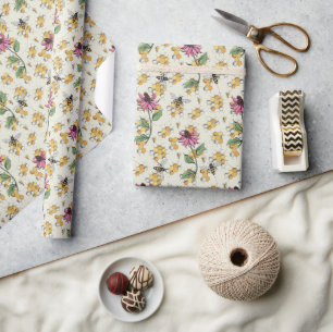 Charming Queen Bee, Honeycomb & Exotic Flowers  Wrapping Paper