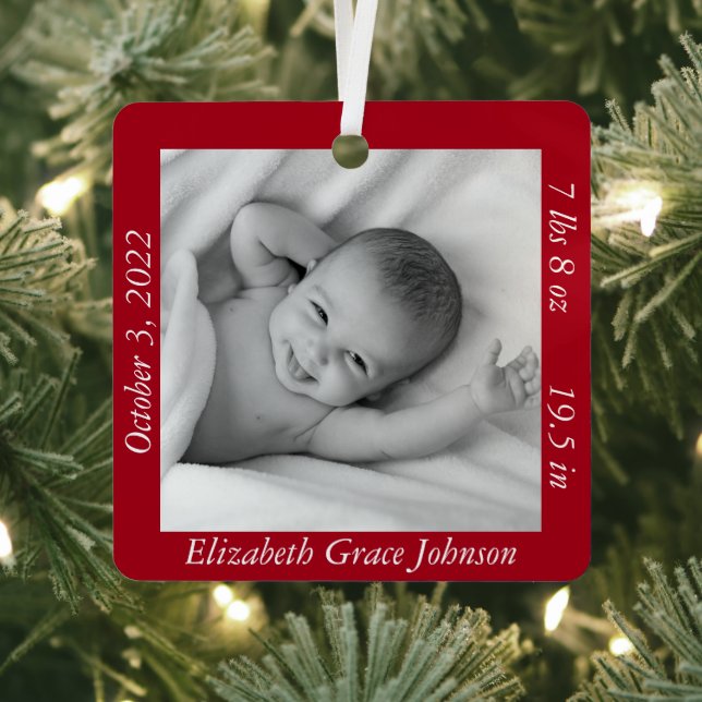 Charming Red Baby’s First Photo, Name, & Stats Metal Ornament (Insitu)