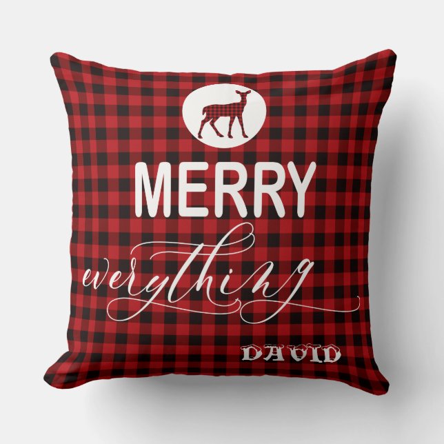 Charming Red Buffalo Holiday MERRY Everything Throw Pillow (Front)
