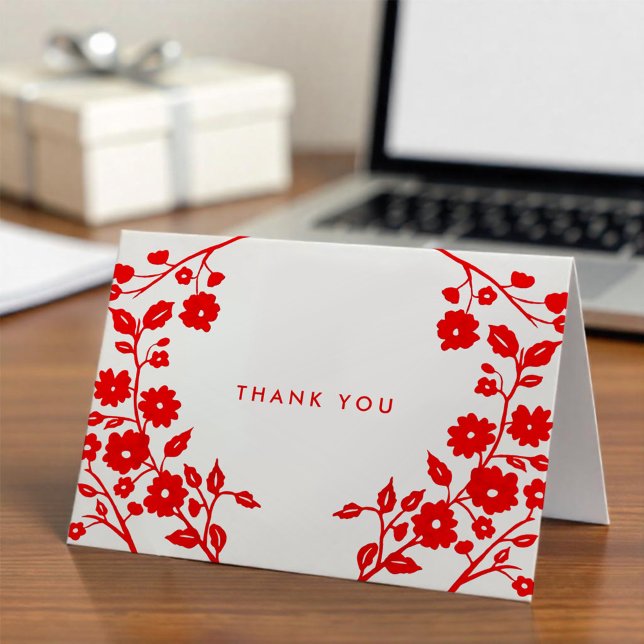 Charming Red Flowers Folk Art Thank You Custom Card (Creator Uploaded)