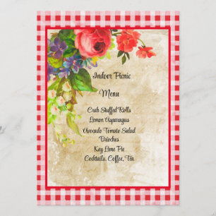 Charming Red Gingham and Flowers Menu Card