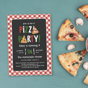 Charming Red Gingham Pizza Party Birthday Invitation