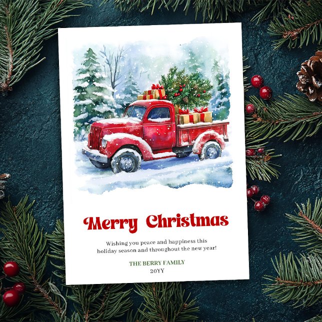 Charming red truck christmas scene rustic card  (Charming red truck christmas scene rustic card design)
