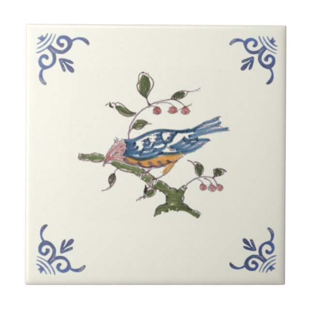Charming Repro Delft Bird on Branch w/Berries Tile (Front)