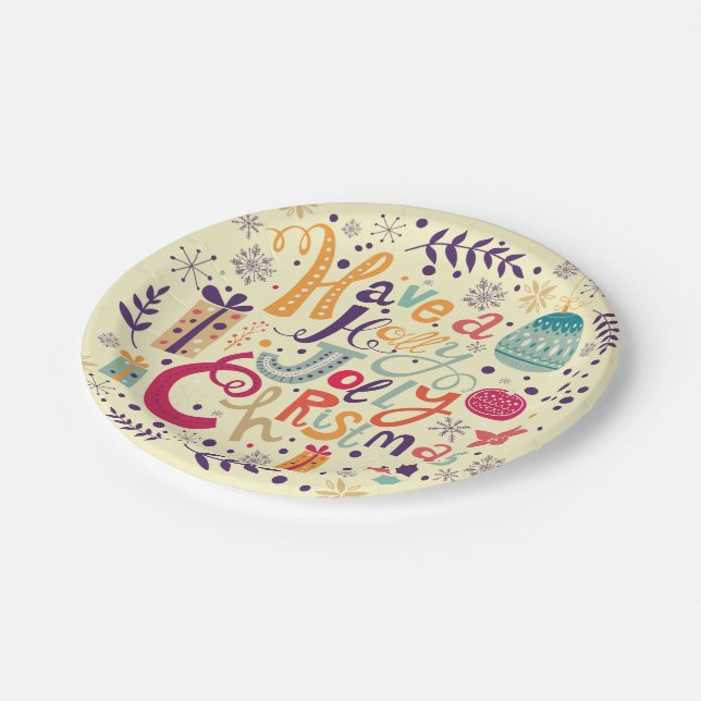 Charming Retro Holly Jolly Christmas Text Design Paper Plate (Angled)