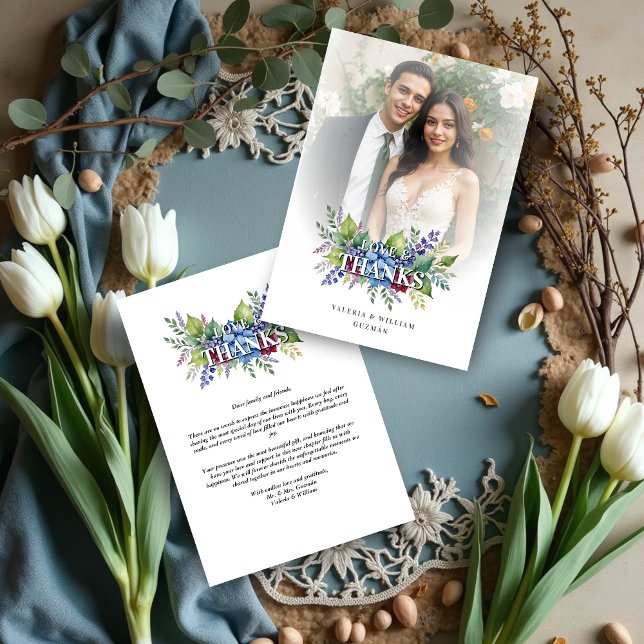 Charming Romantic Floral & Transparency Overlay Thank You Card (Charming Romantic Floral & Transparency Overlay Wedding Thank You Card with Photo. )