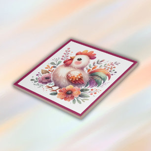 Charming Rooster with Blossoms for Kids Tile