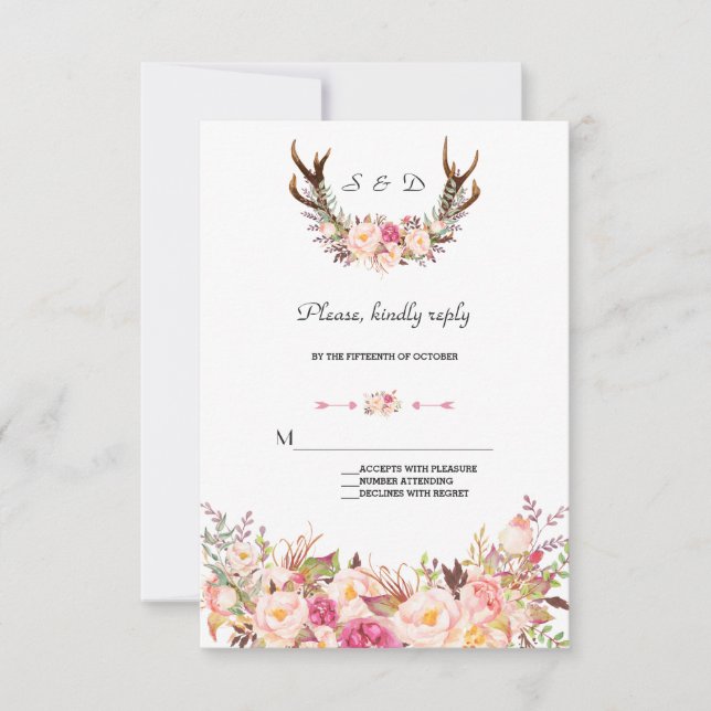 Charming Rose Blush Floral Antlers Mariage RSVP (Devant)