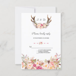 Charming Rose Blush Floral Antlers Mariage RSVP