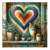Charming Rustic Cat Heart Teal, Amber & Cream