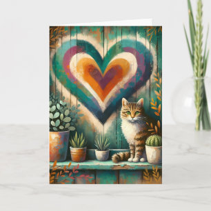 Charming Rustic Cat Heart Teal, Amber & Cream Card