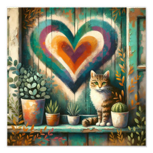 Charming Rustic Cat Heart Teal, Amber & Cream  Photo Print