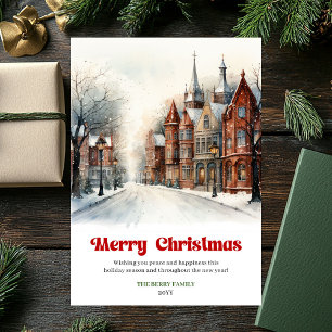 Charming rustic Christmas scene cozy vintage city  Holiday Card