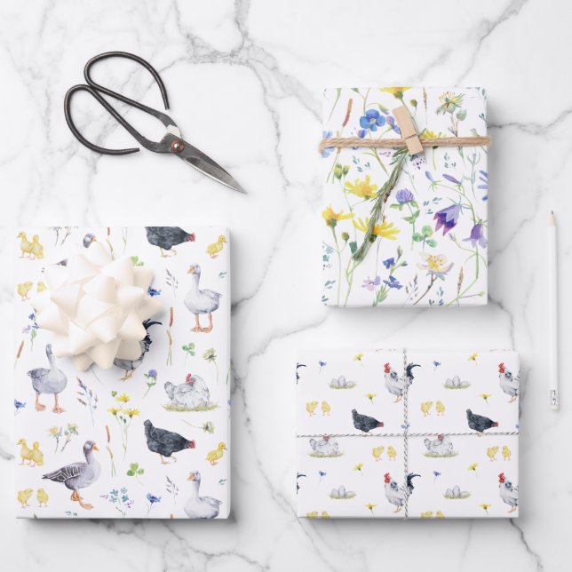 Charming Rustic Farmhouse Chickens Floral Wrapping Paper Sheet (Front)