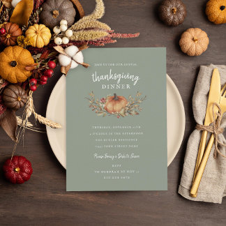 Charming Sage Autumn Pumpkin Thanksgiving Dinner Invitation