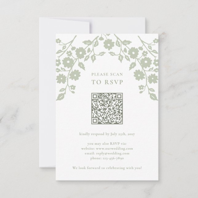 Charming Sage Green Folk Flowers QR Code RSVP Card (Front)