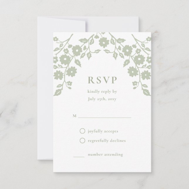 Charming Sage Green Folk Flowers Simple Floral RSVP Card (Front)