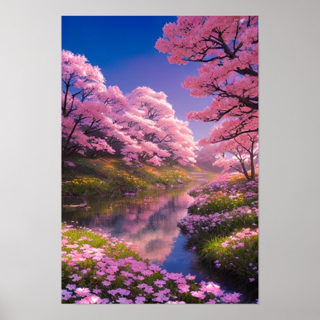 Charming Sakura Trees by the Silent River Poster (Front)