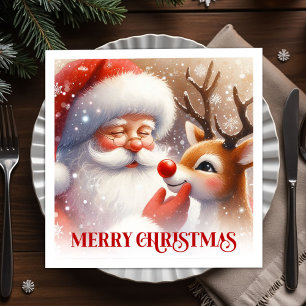 Charming Santa Claus Rudolph Holiday Party Dinner Napkin