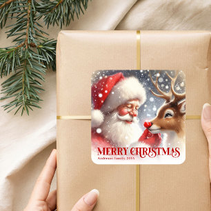 Charming Santa Claus Rudolph Personalized Kids   Square Sticker