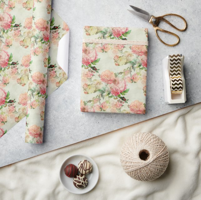 Charming Shabby Chic Pink Floral Roses Art Pattern Wrapping Paper (Crafts)