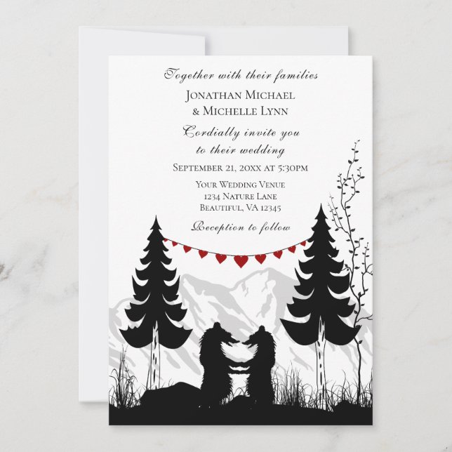 Charming Silhouette Mountain Bear Couple Wedding Invitation (Front)