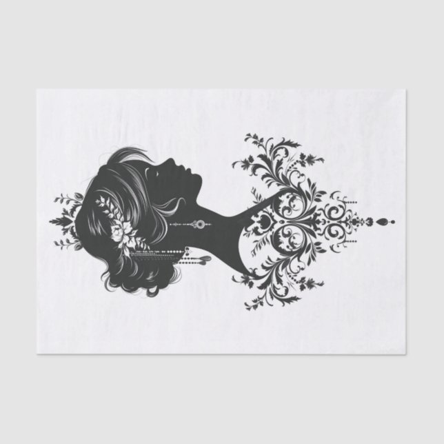 Charming Silhouette of a Lady with Ornate Filigree Tissue Paper (Front)
