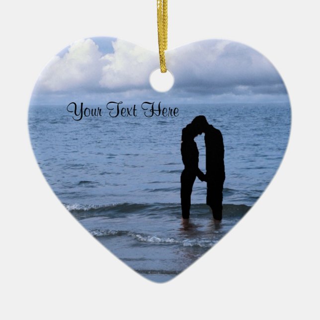 Charming Silhouette of Husband & Wife at the Beach Ceramic Ornament (Front)