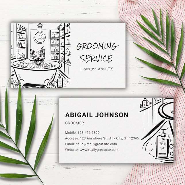 Charming Sketch Dog in a Spa Setting Pet Grooming Business Card (Creator Uploaded)
