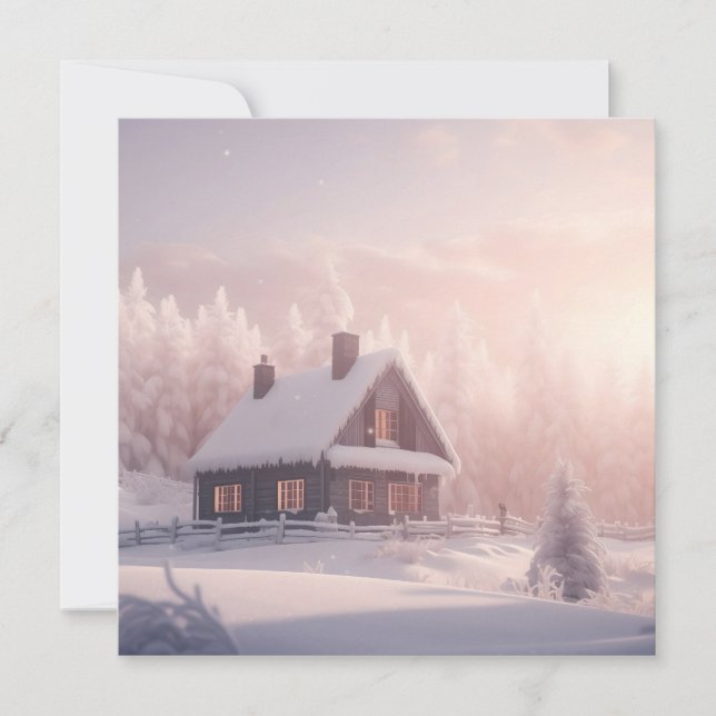 Charming Snow-Covered Wooden Cabin in a Forest Holiday Card (Front)