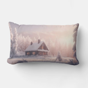 Charming Snow-Covered Wooden Cabin in a Forest Lumbar Pillow