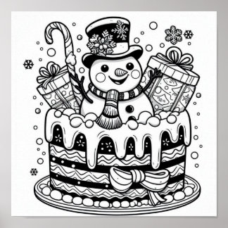 Charming Snowman Holiday Cake Colouring Poster
