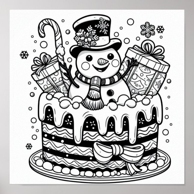 Charming Snowman Holiday Cake Colouring  Poster (Front)
