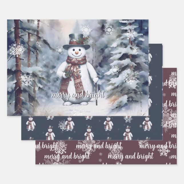 Charming Snowman Watercolor Winter Forest Wrapping Paper Sheet (Set)
