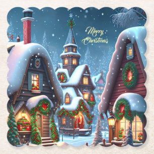 Charming snowy Christmas village custom Paper Coaster