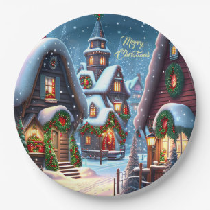 Charming snowy Christmas village custom Paper Plate