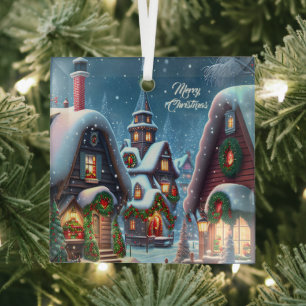 Charming snowy Christmas village Glass Ornament