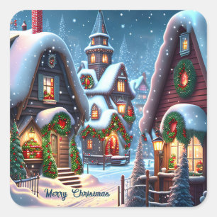 Charming snowy Christmas village Square Sticker