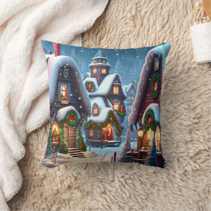 Charming snowy Christmas village  Throw Pillow