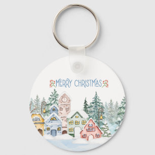 Charming Snowy Village Watercolor Christmas Keychain