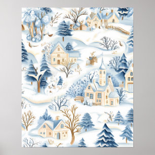 Charming Snowy Village with Woodland Animals Poster
