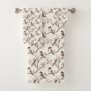 Charming Sparrows and Blossoms Bath Towel Set